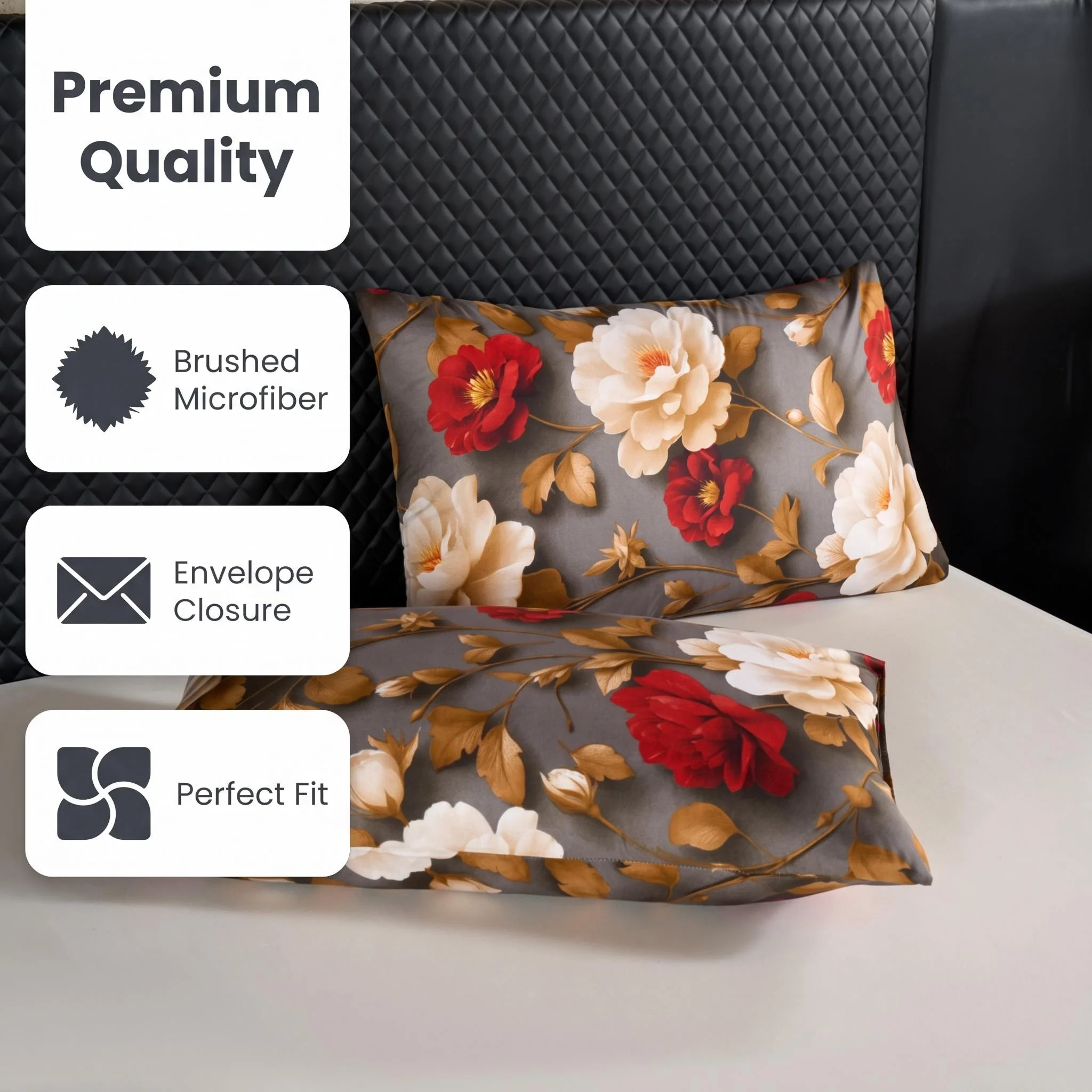 2PC Vintage Luxury Floral Pillowcases Set Machine Washable Grey Background with Red Flowers for Home Dormitory Multi-size Option