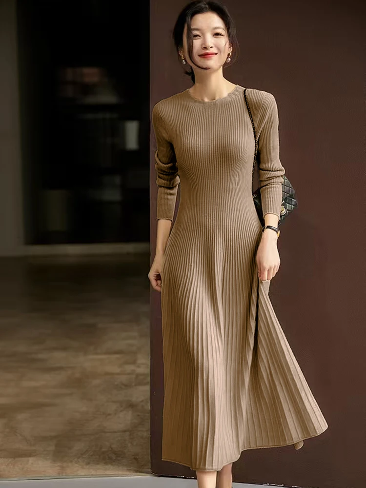 Autumn Winter Sweater Women's Dress 100% Merino Wool Dress O-Neck Slim Maxi Skirt Basic Long Sleeve Dress Sexy Inside Join Dress