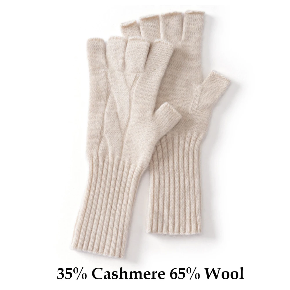 Women's Luxury Cashmere Knit Half Finger Gloves with Long Wrist Guard Solid Color Classic Design Winter Autumn Wool Mittens