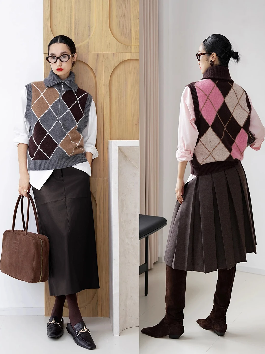 Autumn and winter women's new rhombic cashmere vest women's high-necked sleeveless knitted vest tank top coat thickened.