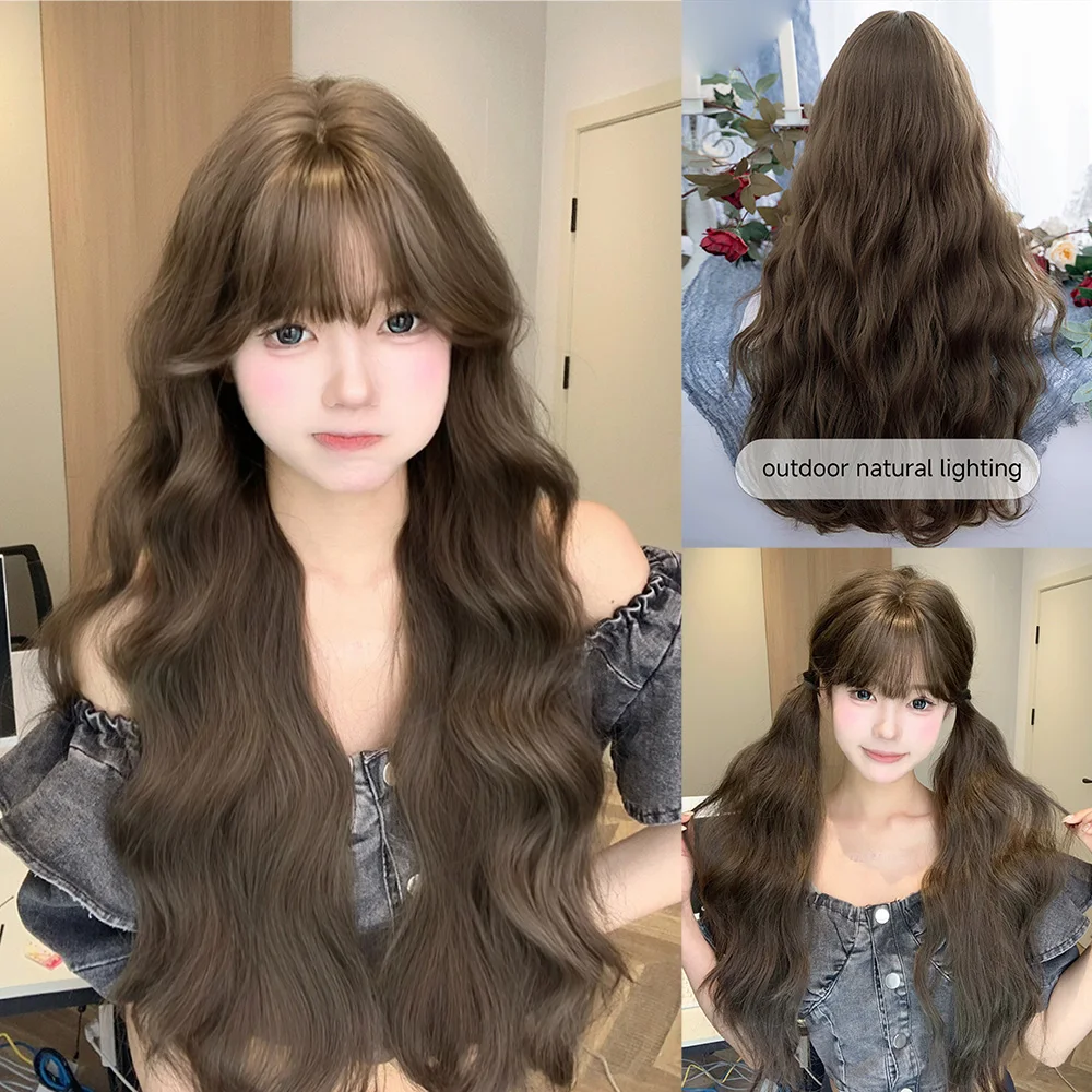 

28Inch Lovely Lolita Brown Color Synthetic Wigs with Bang Long Wavy Hair Wig for Women Daily Use Cosplay Drag Heat Resistant