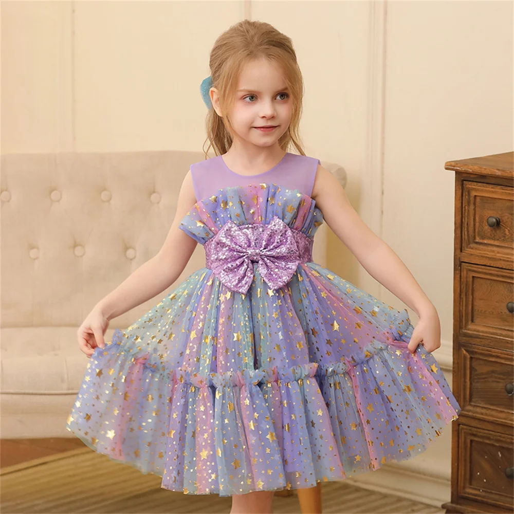 0-6 Years Baby Girl Sleeveless Colorful Mesh Dresses Kids Girl Purple Gown For Birthday Ceremony Party Children Bowknot Dress