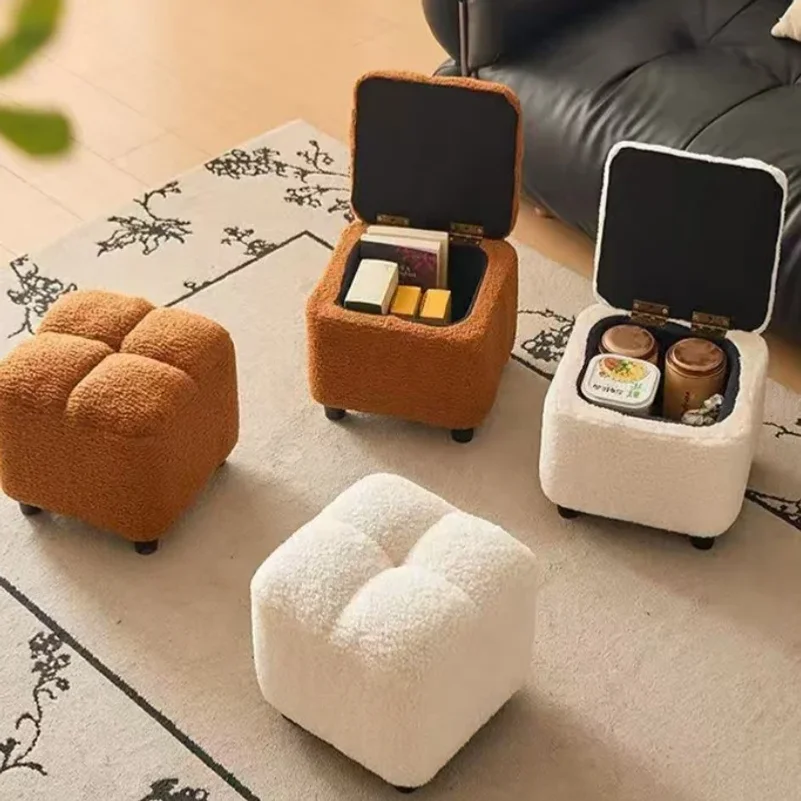 Household Low Stool Lamb Wool Sofa Stool Storage Stool Shoe Changing Stool Solid Wood Chair Square Stool Sofa Chair Entrance