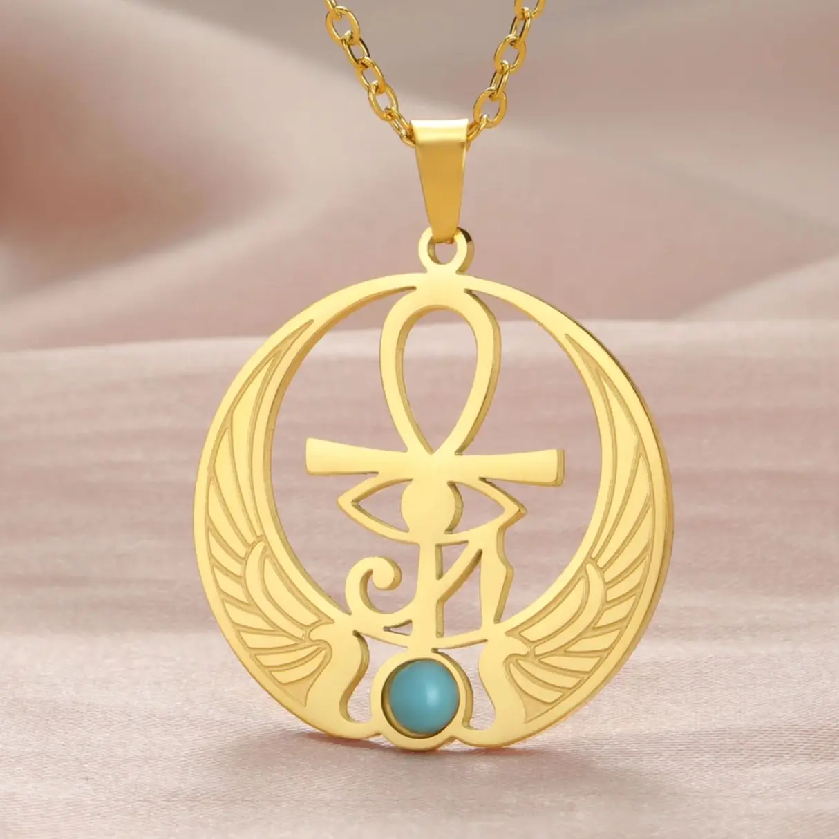 LIKGREAT Ankh Cross Eye of Horus Necklace for Women Men Stainless Steel Wings of Isis Pendant Talisman Jewelry Gifts