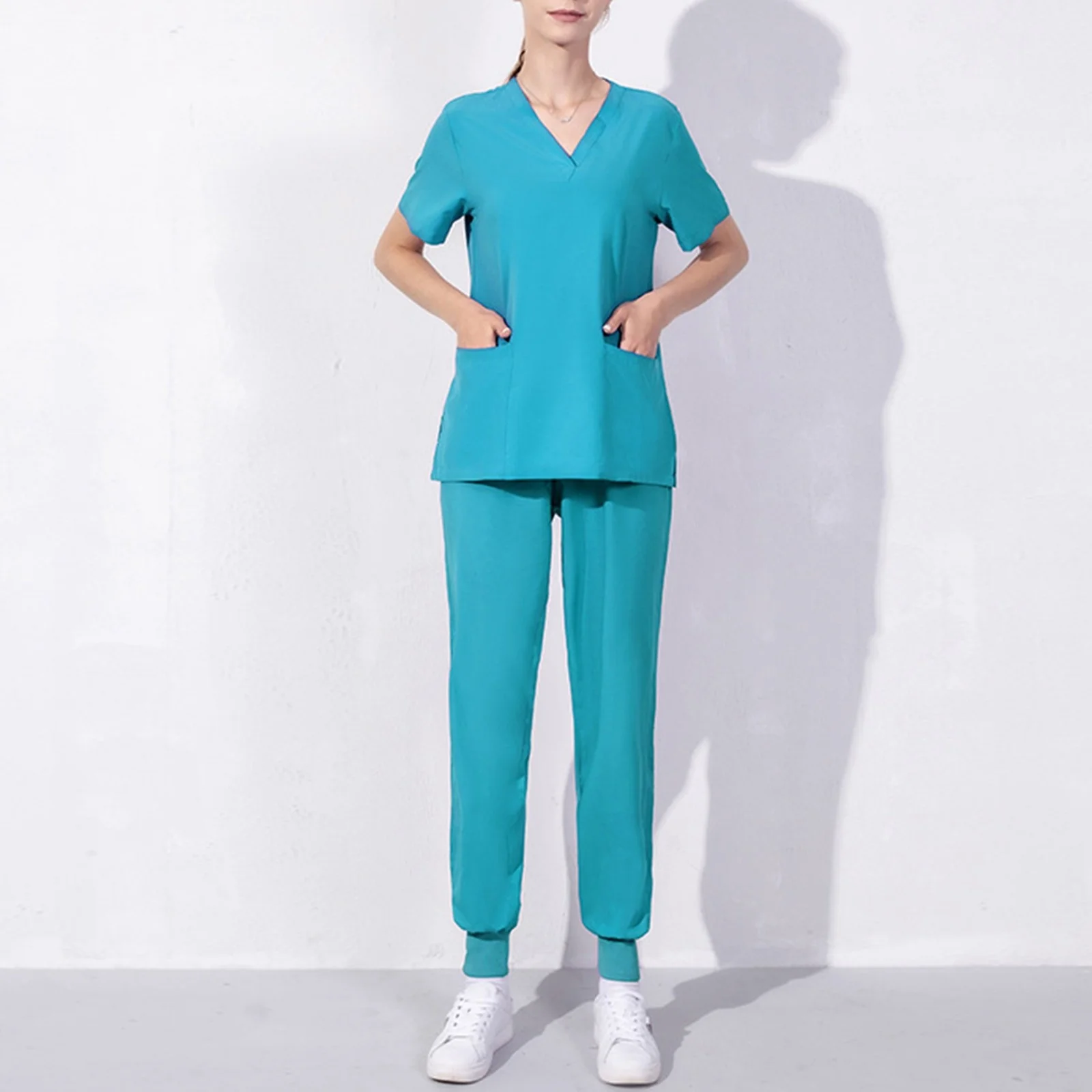 Nursing Uniforms Two Piece Unisex Shorts Scrub Sets Sleeve Pocket Top Tee Loose Pants Beauty Salon Workwear Overalls Plus Size