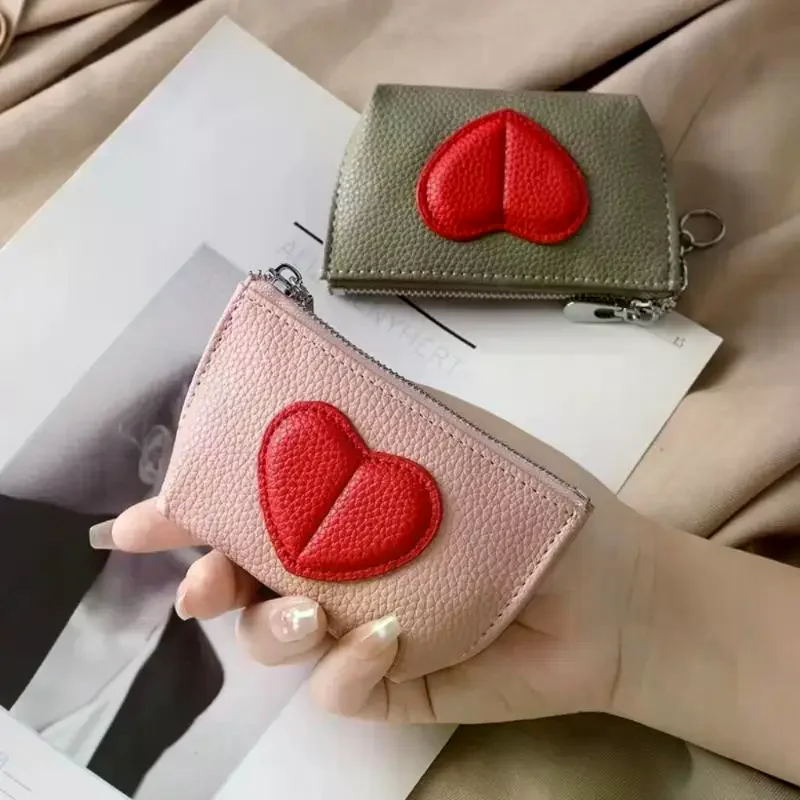 Mini Coin Purse PU Heart Design Keychain Wallet for Women with Bold Color Blocking Trendy Fashion