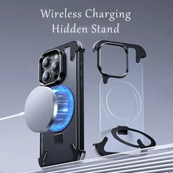 Magnetic Aluminum Stand Rimless Phone Case For iPhone 13 14 15 16 Pro Max Luxury Lens Metal Phone Shell Frosted Matte Back Cover