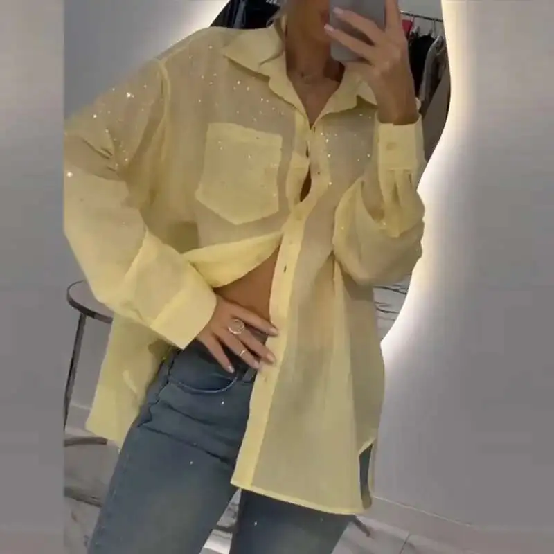 

Elegant Lapel Single Breasted Commuting Top Tees Casual Long Sleeved Loose Blouses 2025 Spring Summer Shiny Sequin Women's Shirt