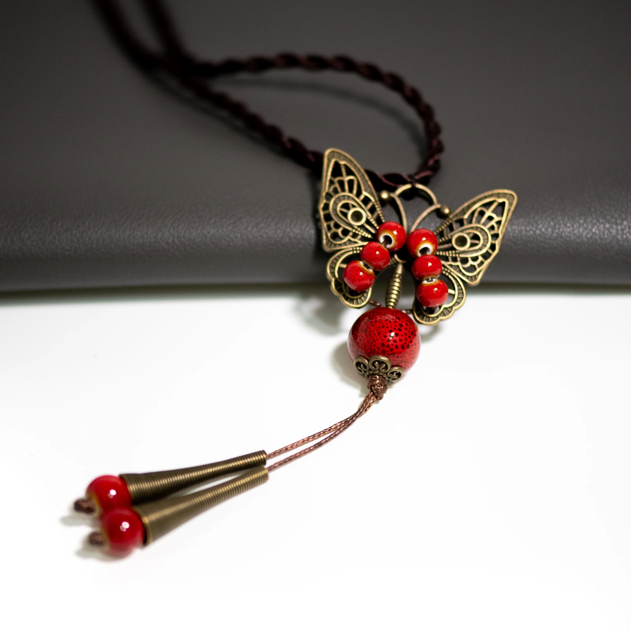 “Butterfly Dreams” Ceramic Necklace Handcrafted 80cm Pendant Necklace with Ethnic Style Charm