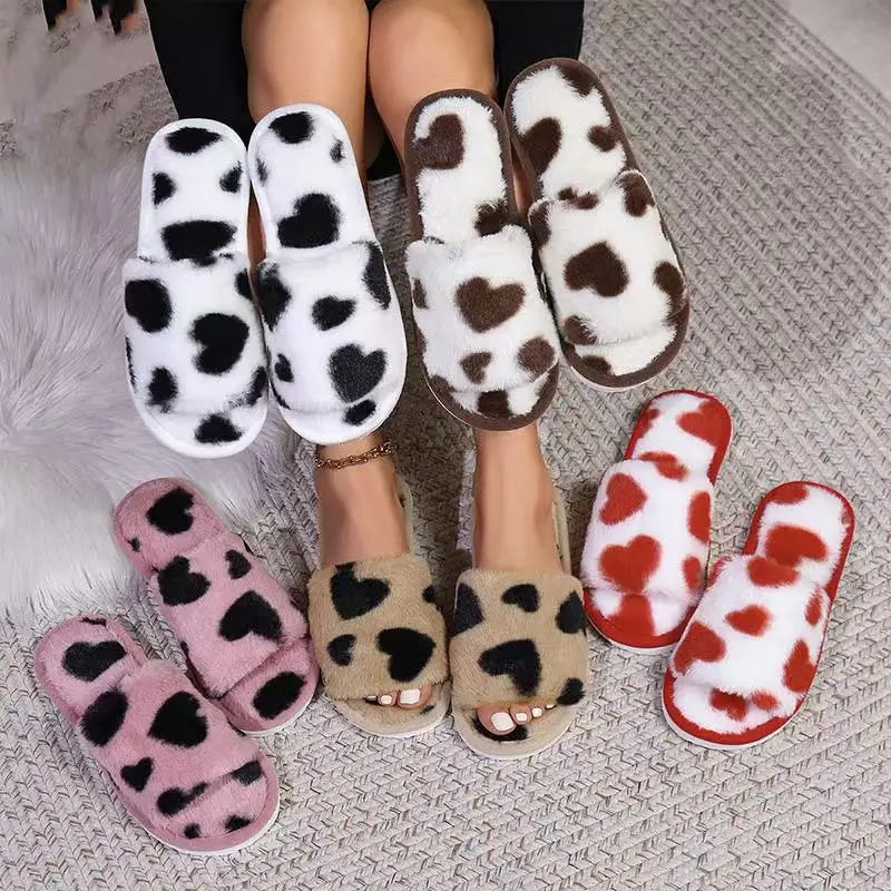 2025 Women's Autumn Colorful Low Platform Plush Slippers Love Print Fluffy Cotton Shoes Casual Home Woman Man Non-slip Flip Flop