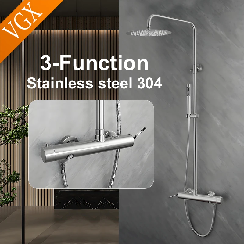 VGX Shower System Set Bathroom Shower Faucet Set Stainless Steel Brushed 3-way Rainfall Shower Set Shower Mixer Crane Set