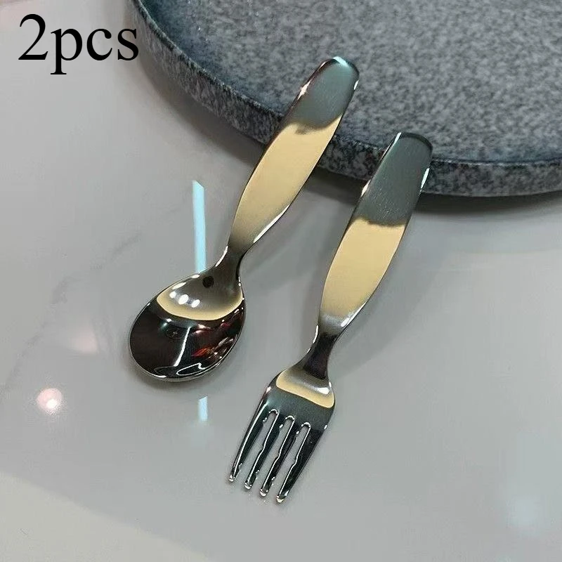 2pcs/Set Stainless Steel Spoon And Fork Set,Short Handle Small Round Spoon,Dessert Spoon,Home And Travel Essential Tableware Set