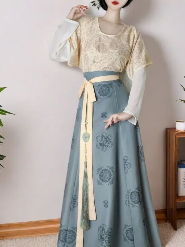 مجموعة جديدة من سلالة تانغ هانفو - مطبوعة بياقة دائرية Beizi + تنورة عالية الخصر مكونة من ثمانية أجزاء على الطراز الصيني زي المرأة البالغة