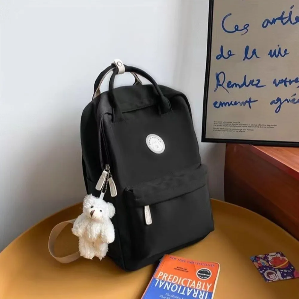 Solid Large Capacity Student Backpack Zipper Nylon Academy Girl's School Bag Multi-Pocket Spacious Plush Pendant Teens Rucksack