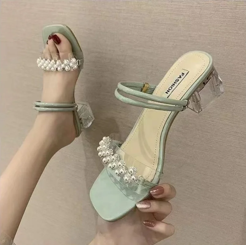 Square Heels Pumps Summer 2024 Heeled Pearl One Word High Sandals for Women Footwear Green Ladies Shoes Wholesale Korea F Sale H