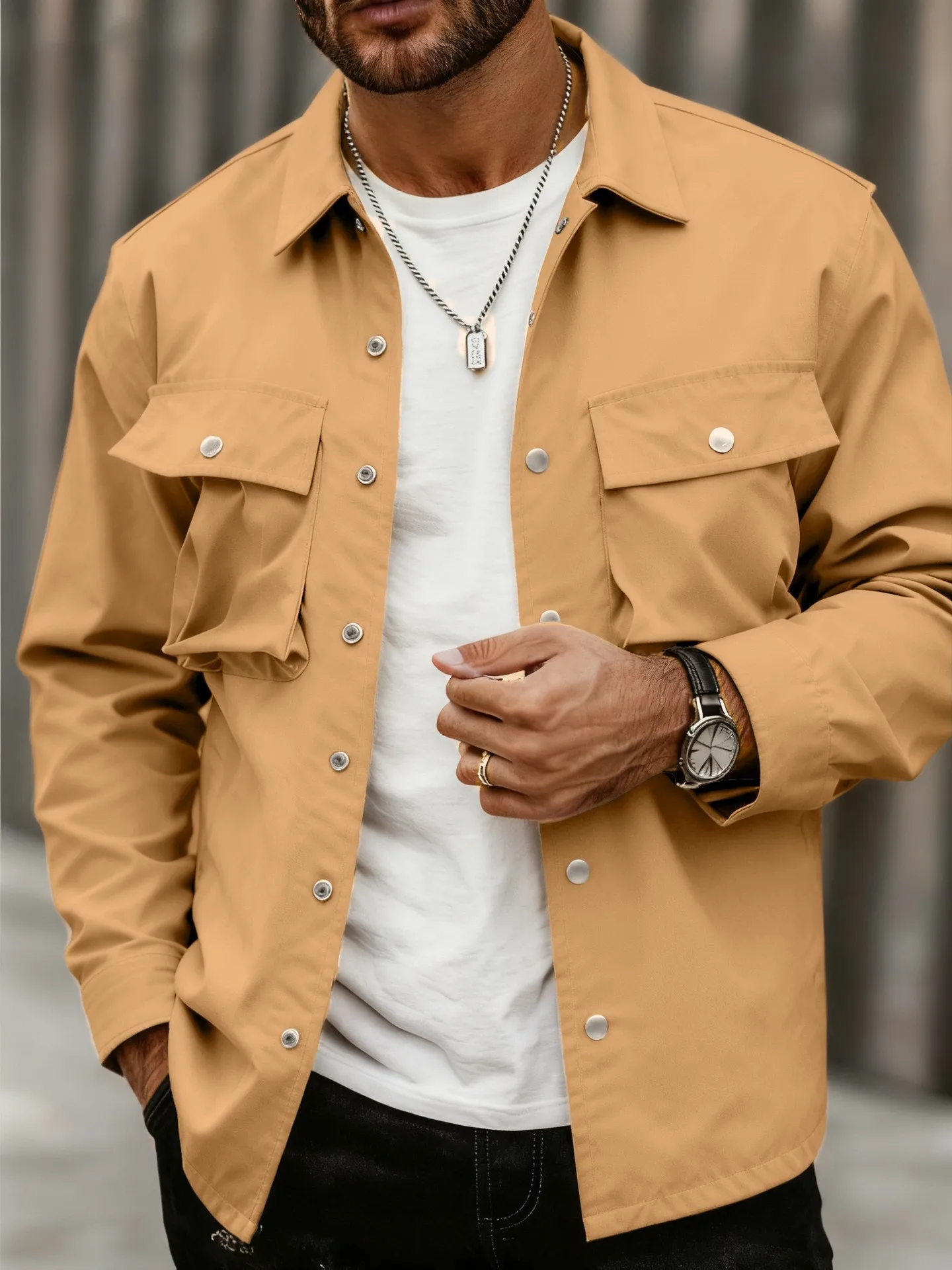 

Solid-color buttoned decorative long-sleeved loose-fitting casual trendy men's work jacket with collar