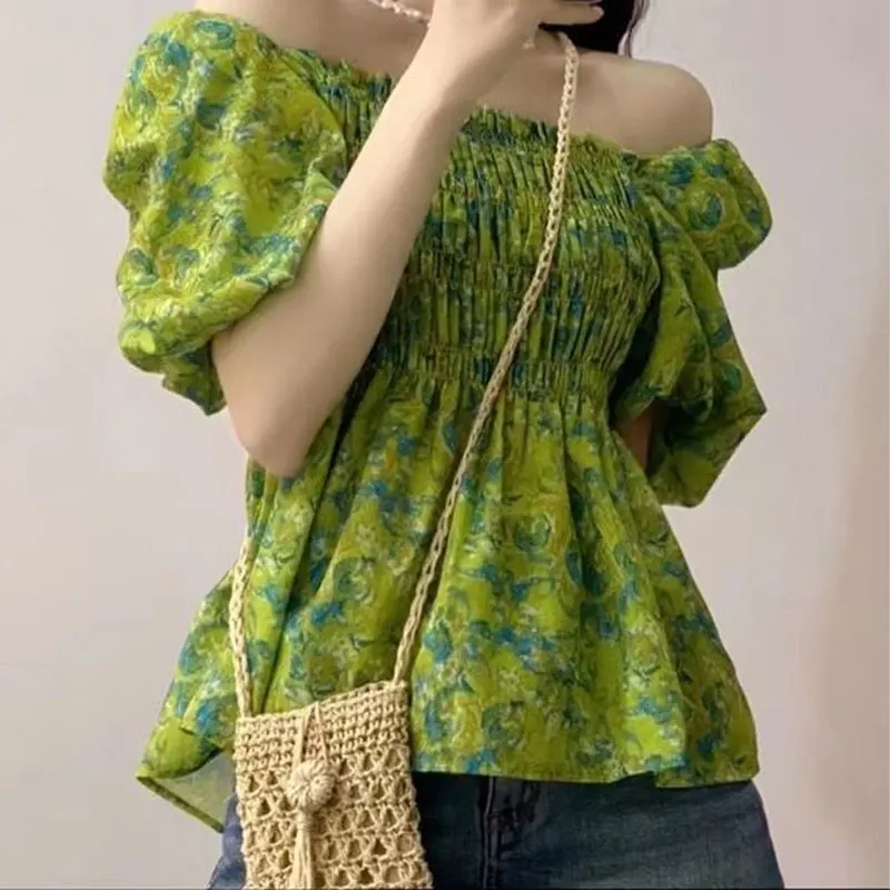 Vintage French Style Broken Flowers Shirt Elegant Square Collar Female Clothing Fashion Shirring Summer Sweet Puff Sleeve Blouse