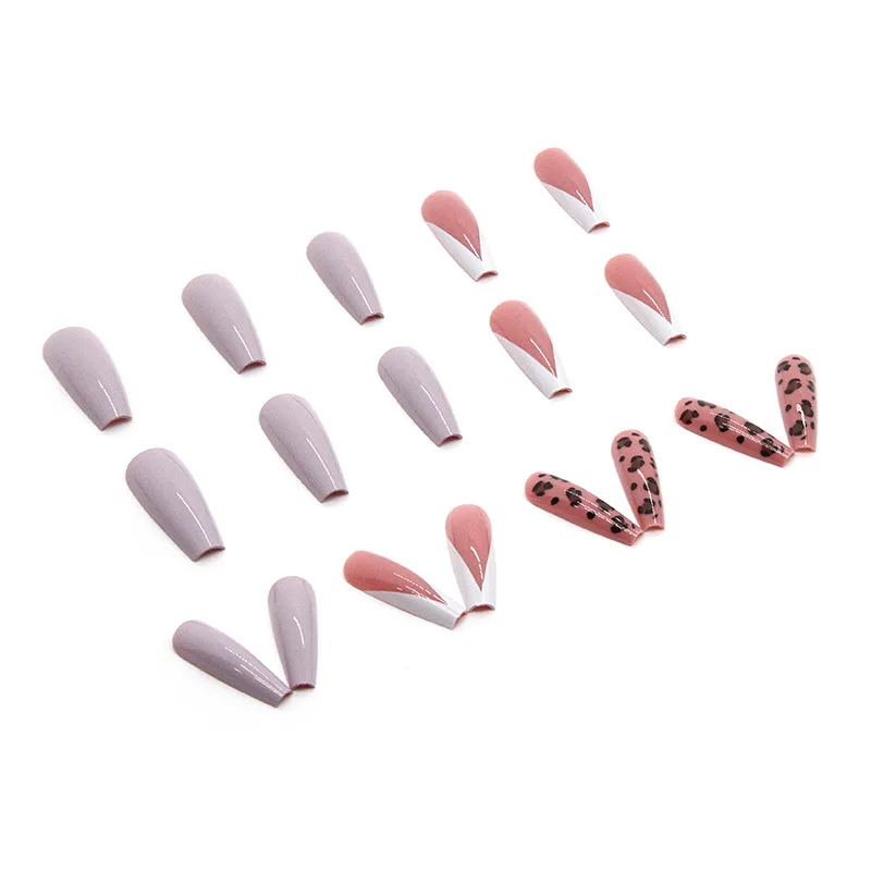 24pcs French Leopard Print Press on Nail Long Square Shape Artificial Fake Nails Seamless Removable False Nail
