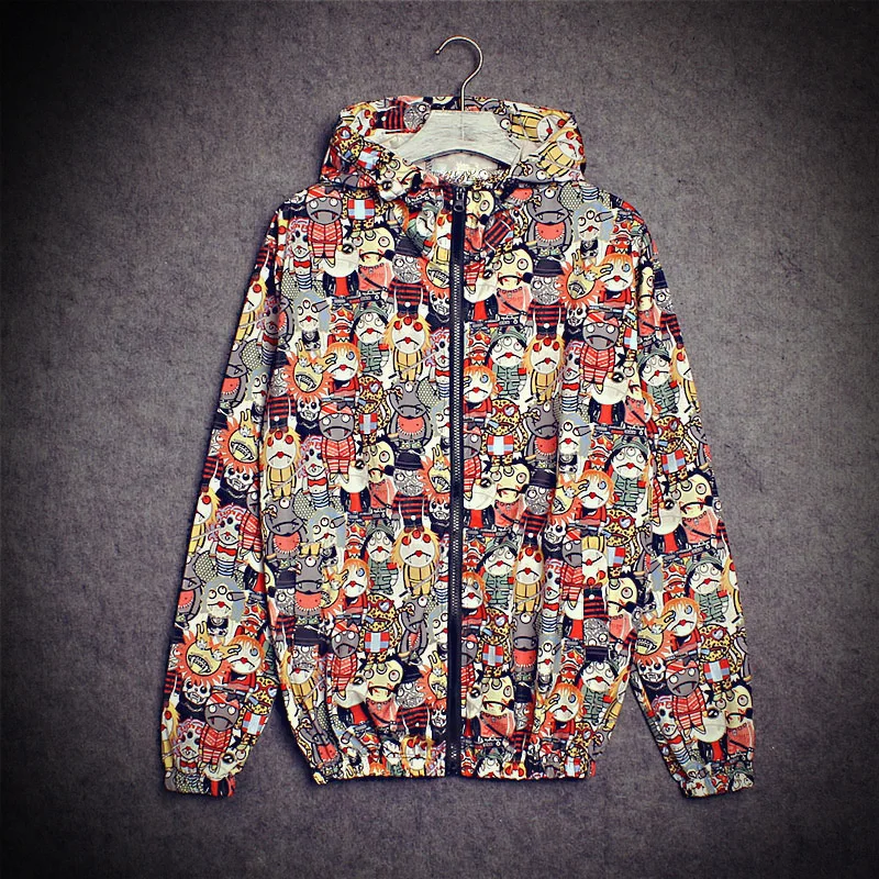

Spring Summer Unisex Graffiti Style Light Jacket Hooded Outerwear Couple Sun Protection Shirt Tactical Windbreaker Coat