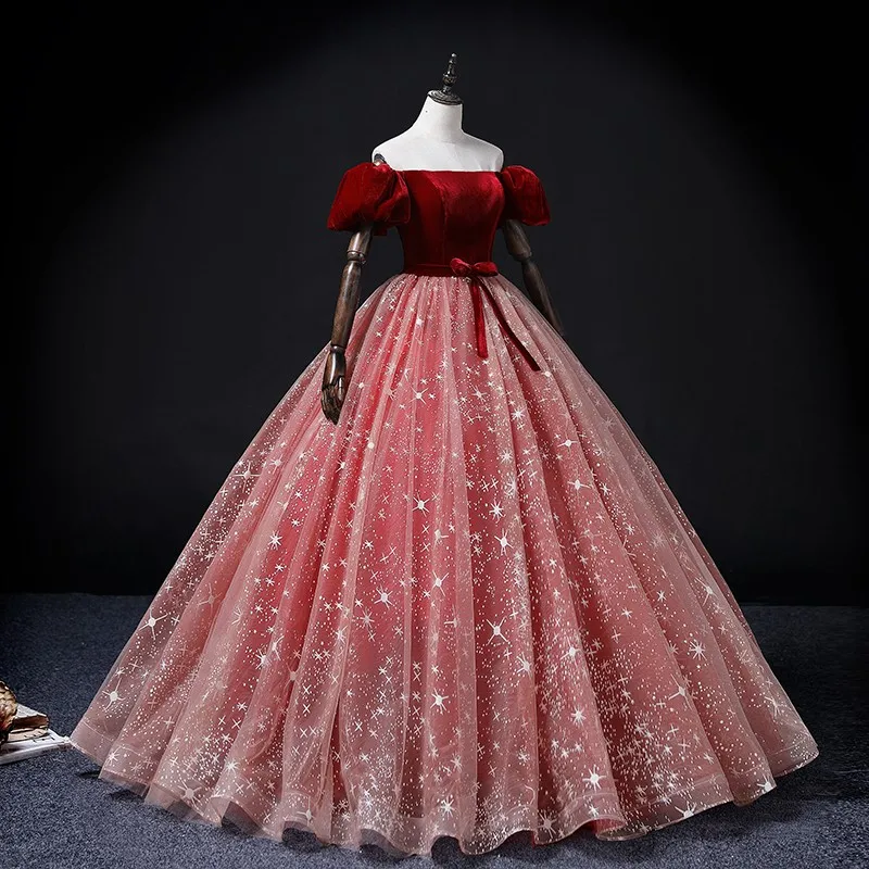 Abiti Quinceanera con paillettes di lusso abito da ballo rosso con maniche a sbuffo classico abito da ballo con spalle scoperte abito elegante De Bal Vestidos