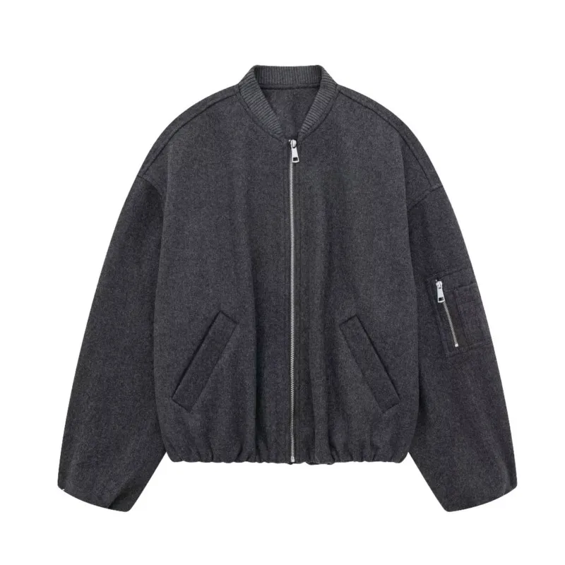 

Vintage Short Bombers Jackets Coat For Women Fashion Casual Loose Zipper Pocket Long Sleeve Round Neck Overcoat 2025 New Autumn