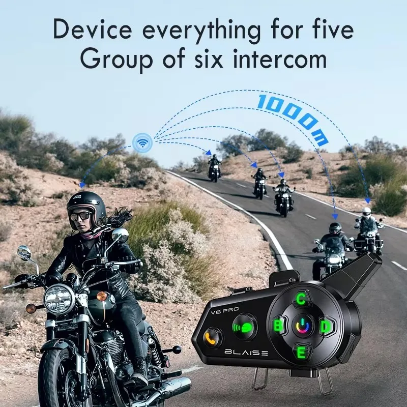 BLAISE V6 PRO Motorcycle Bluetooth Helmet Intercom Headset 1000M Interphone Communicator for 6 Riders Waterproof Music Player