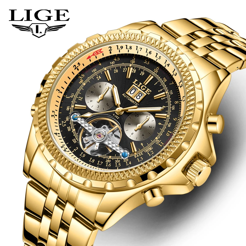 LIGE Mens Watches Automatic Mechanical Watch Tourbillon Clock Stainless Steel Waterproof Date Week Men Watch Military Wristwatch