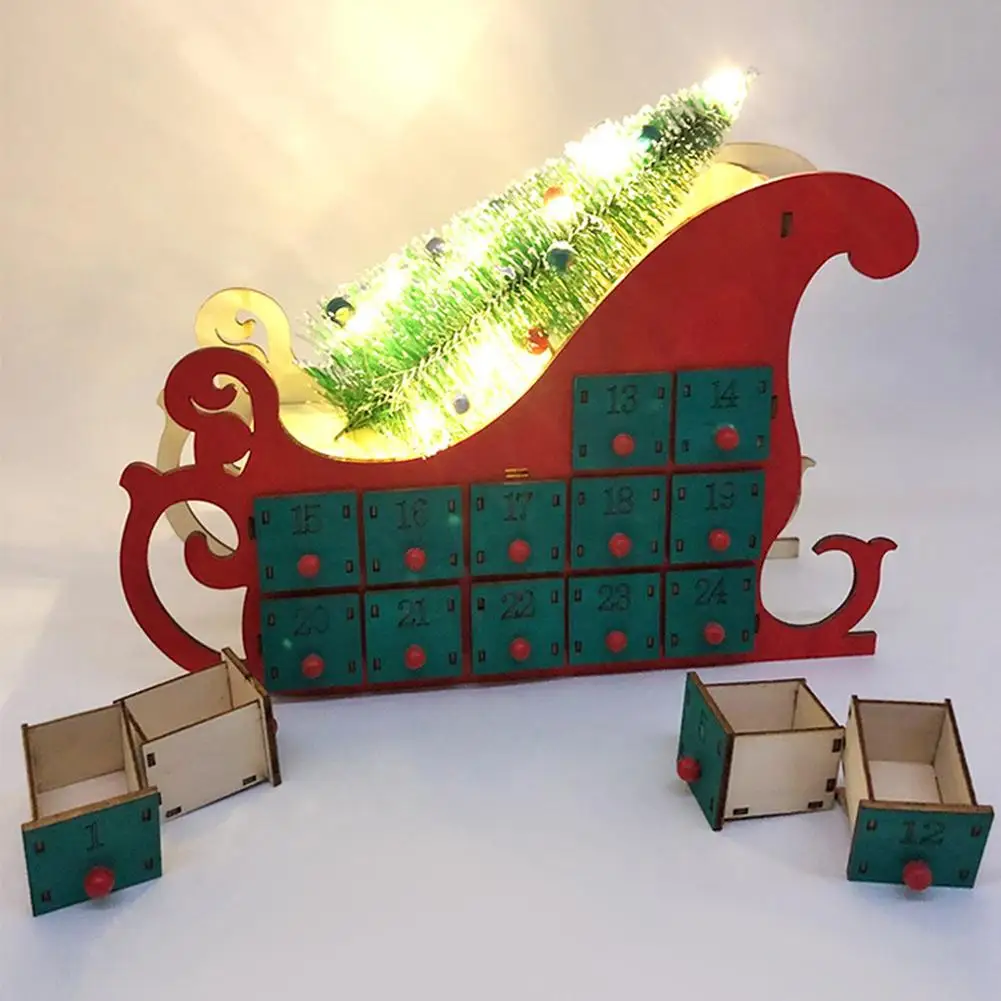 Christmas Wooden Advent Calendar, Countdown To Christmas With 24 Drawers, Sleigh Shape XMAS Tree DIY Advent Calendar With Lights