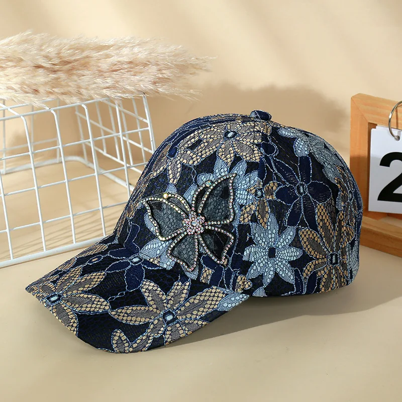 Spring and Summer Lace Rhinestone Butterfly Cap Sunshade Sunscreen Baseball Cap Women Net Yarn Breathable