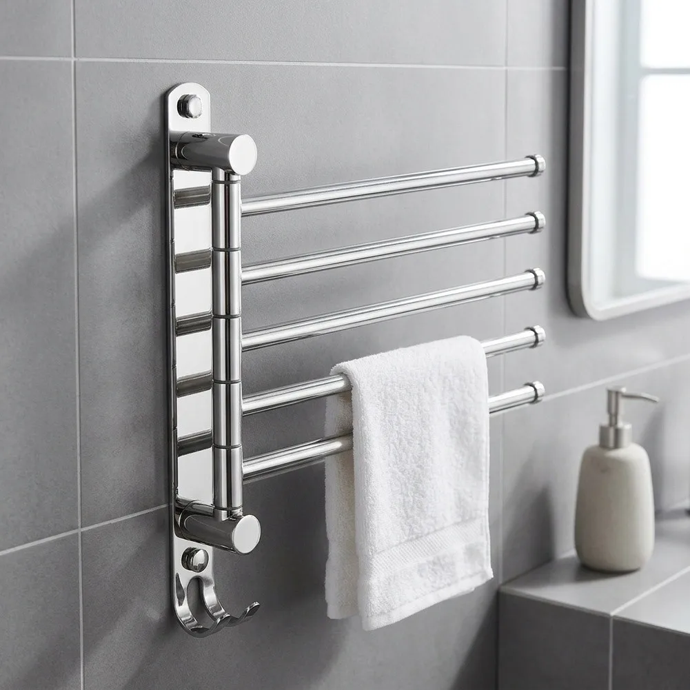 Swivel Towel Rack, Adjustable 5/6 Bar Stainless Steel Towel Bar, Rotatable Hanging Holder For Bathroom Daily Towel Storage