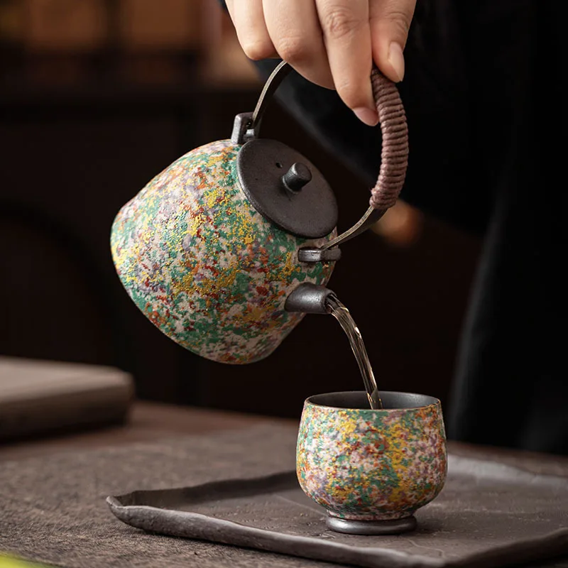 Zen Style Ceramic Tea Pot Rattan Woven Bail Handle Tea Brewer with Filter Single Kettle Household Chinese Tea Drinking Utensil