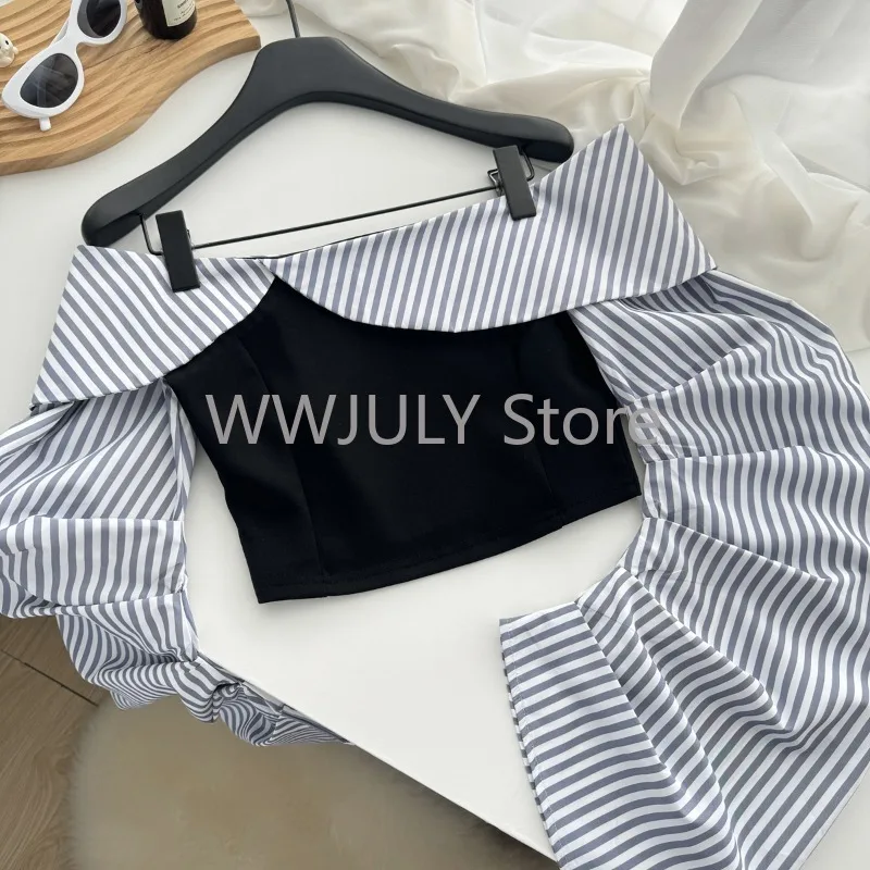 2024 Striped Patchwork Strap Shoulder Top Off Shirts Women\'s Waist Hot Shorts Short Pants Two Piece Sets Womens Outifits Tops