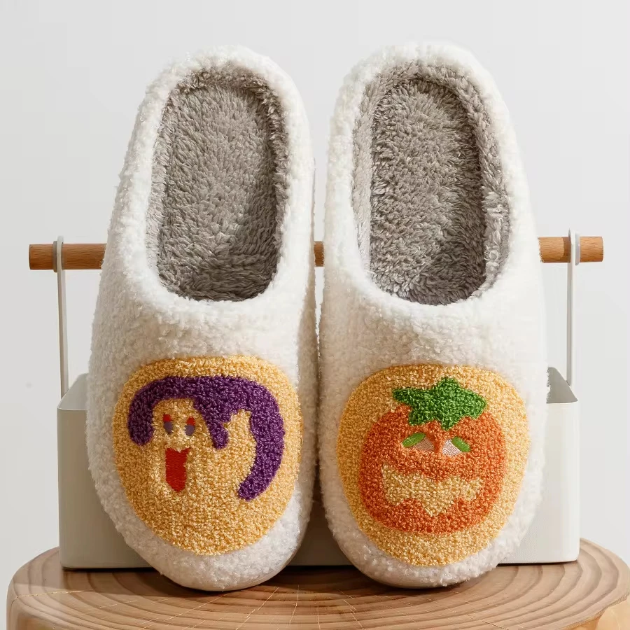 Women's Slippers Halloween Cute Pumpkin Cookies and Funny Witch Winter Indoor Warm Soft Sole Anti-slip Comfortable Bedroom Shoes