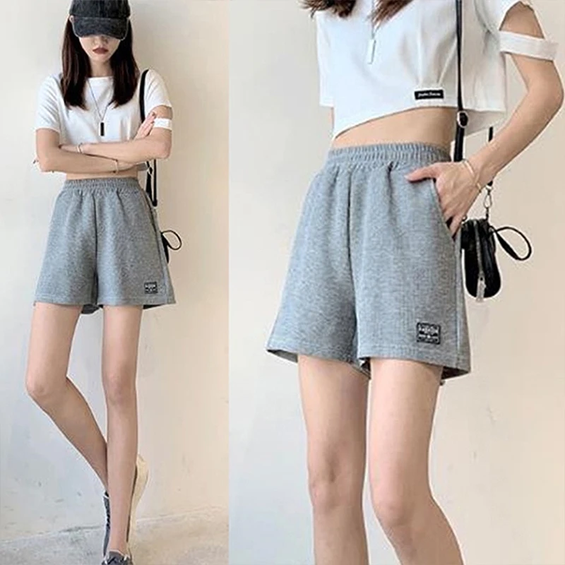 Fashionable Waffle High Waist Elastic Waist Loose Casual Sports Commuter Shorts