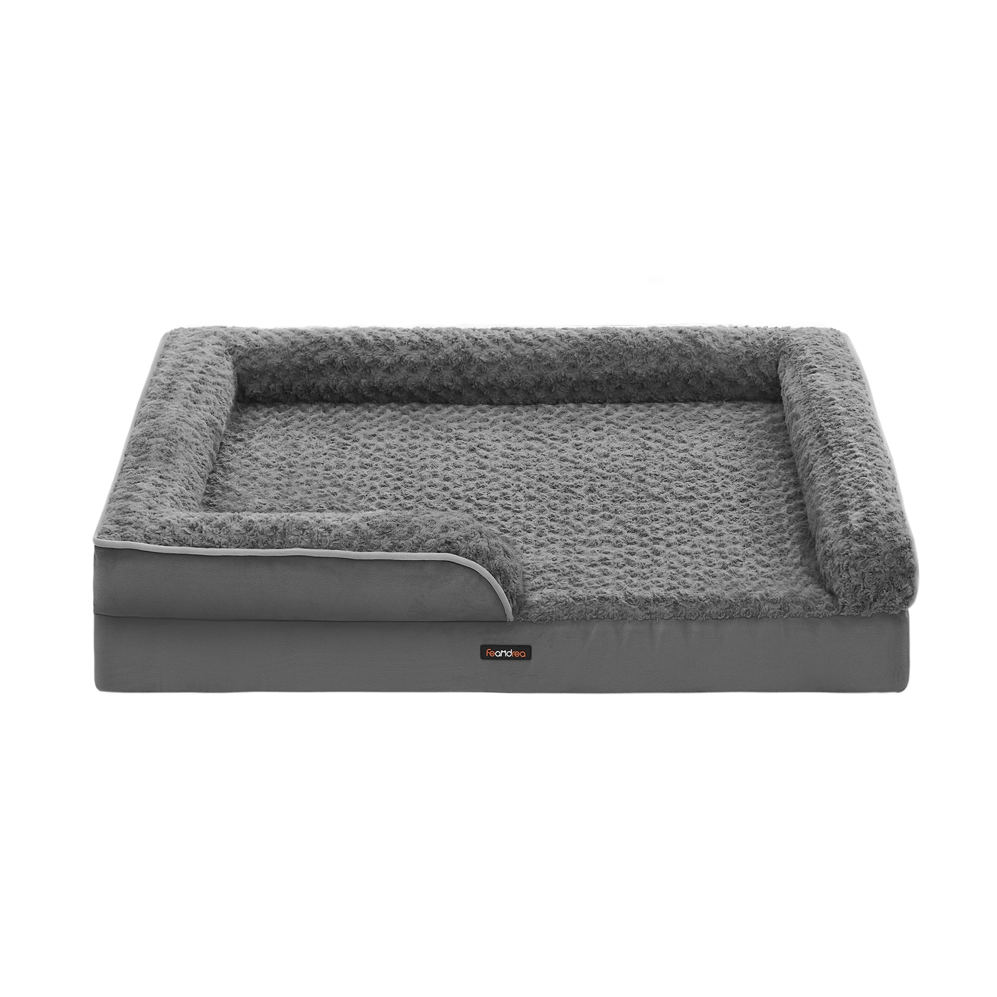 Feandrea Cama Perro Grande, Caseta para Mascotas, Ortopédica con Espuma Corrugada, Bordes Elevados Acolchados, Funda Extraíble Motivo Rosa Peluche, 106 x 81 x 18/122 x 89 x 18 cm, Gris Pizarra, Regalo
