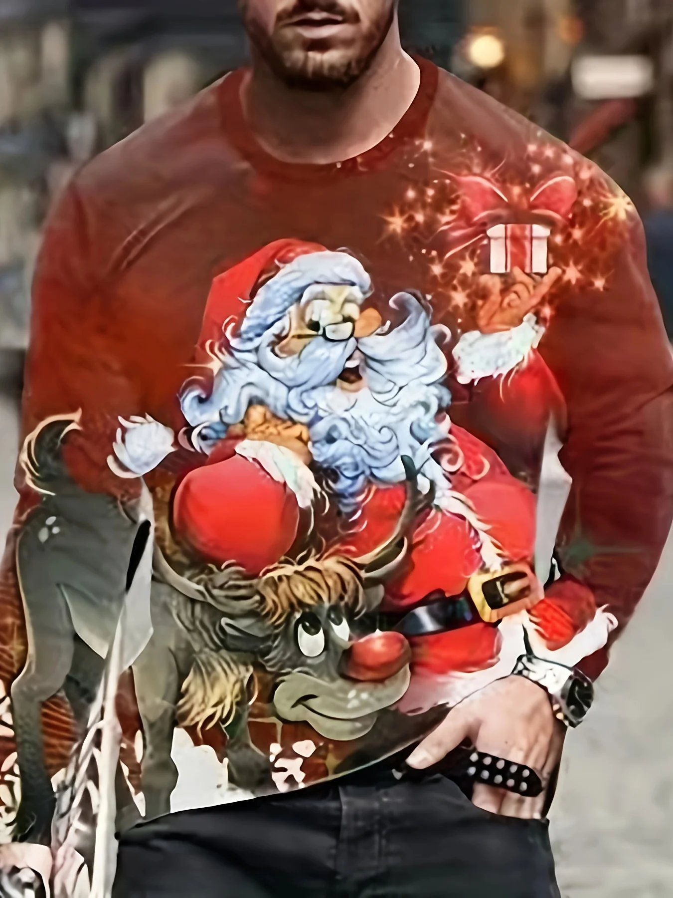 

Fun Christmas Elements Men's Long-sleeve T-shirt 3D Santa Claus Print Y2k Pullover Top Outdoor Street Hip Hop Party Men Clothing