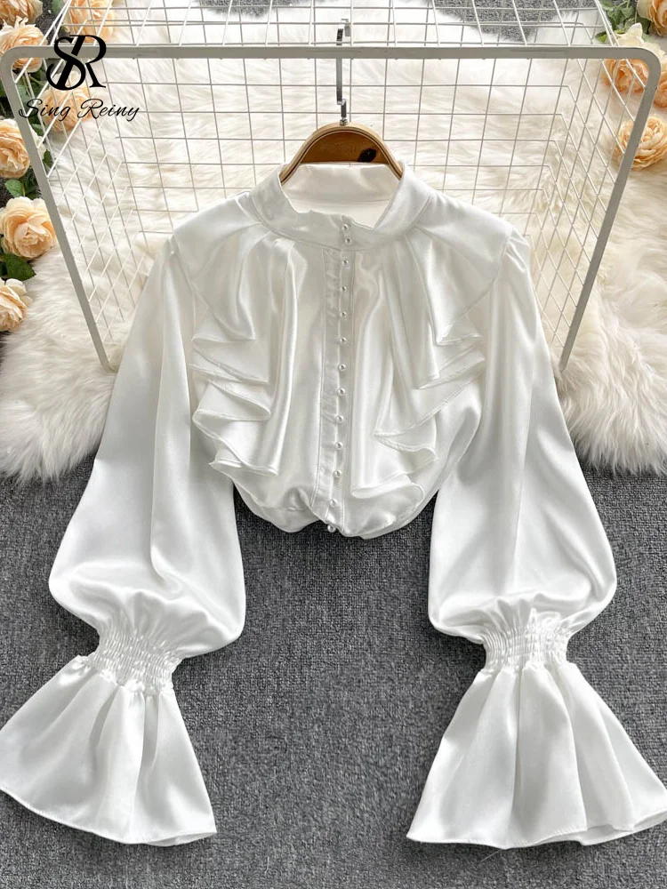 SINGREINY High Quality Satin Loose Shirt Long Flared Sleeves Ruffles O Neck Beading  Women Gentle Office Lady Casual Blouse