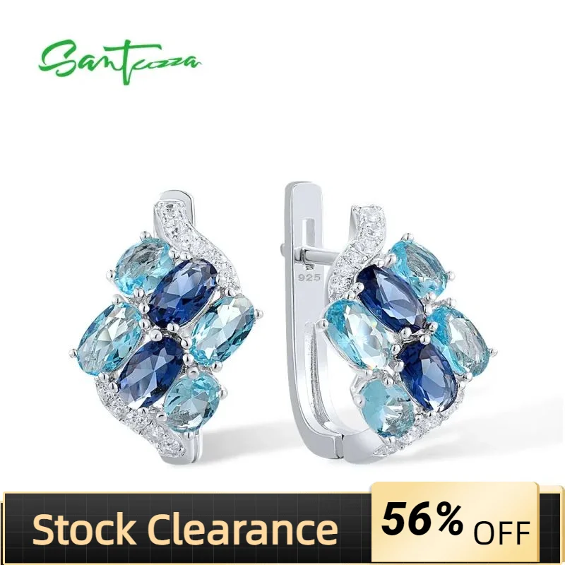 

SANTUZZA Solid 925 Sterling Silver Clip Earrings For Women Blue Stone White CZ Cluster Symmetry серьги Trendy Gifts Fine Jewelry