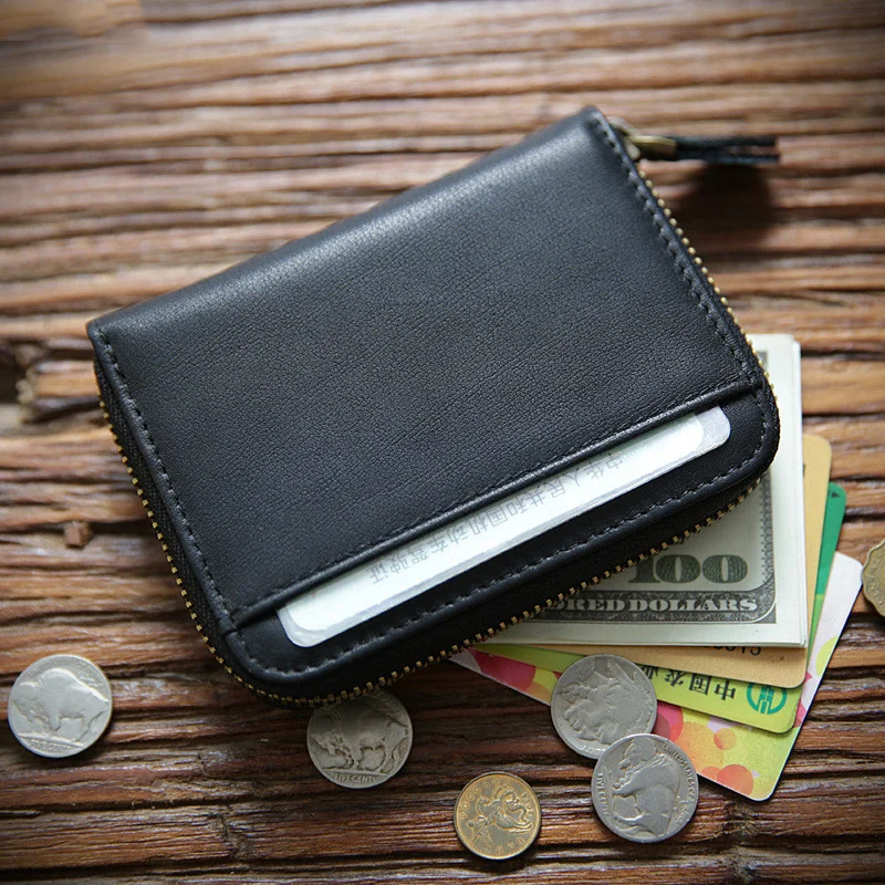 100% Genuine Leather Wallet For Men Male Vintage Cowhide Men's Short Zipper Wallets Purse With Card Holder Coin Pocket Money Bag