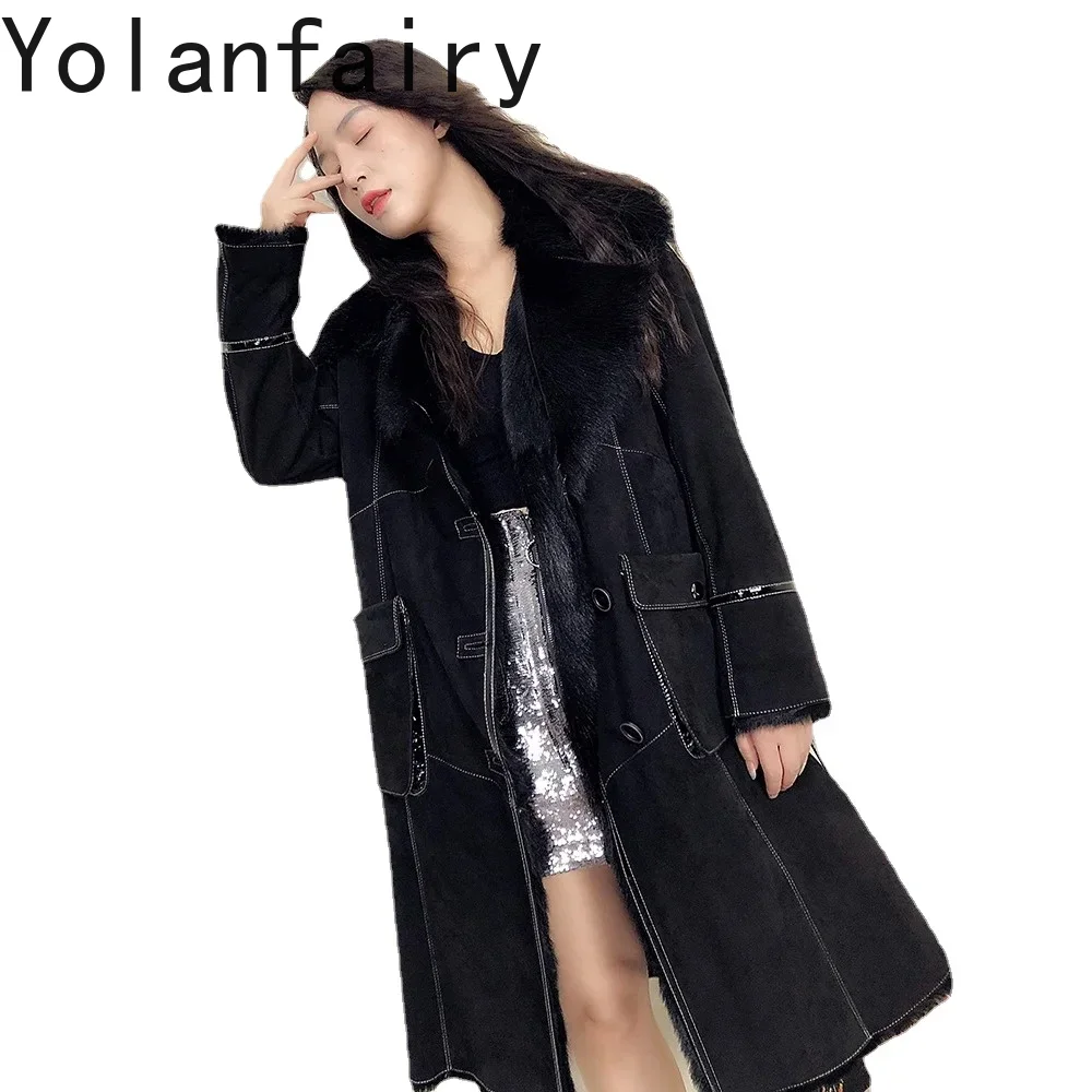 YOLANFAIRY معطف الفرو الحقيقي الشتاء سترة امرأة طويلة حقيقية جلد الماعز شيرلينغ الفراء الطبيعي سترة دافئة خمر الملابس النسائية