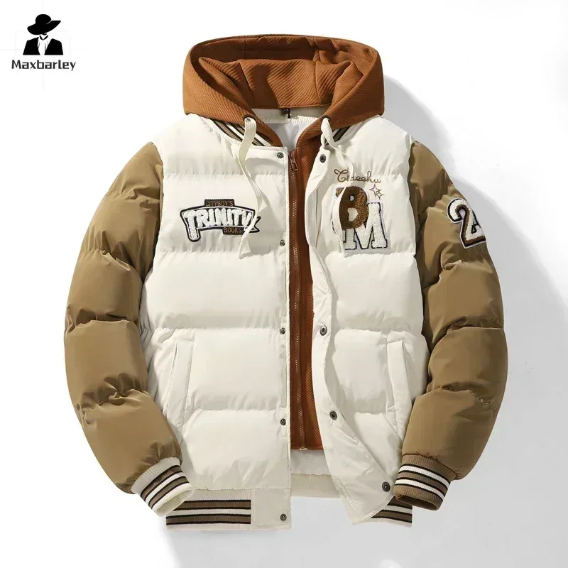 Winter Jacket Men\'s Harajuku Fashion Embroidered Fake Two-Piece Hooded Warm Parka Men Streetwear Loose Thickened Padded Jacket