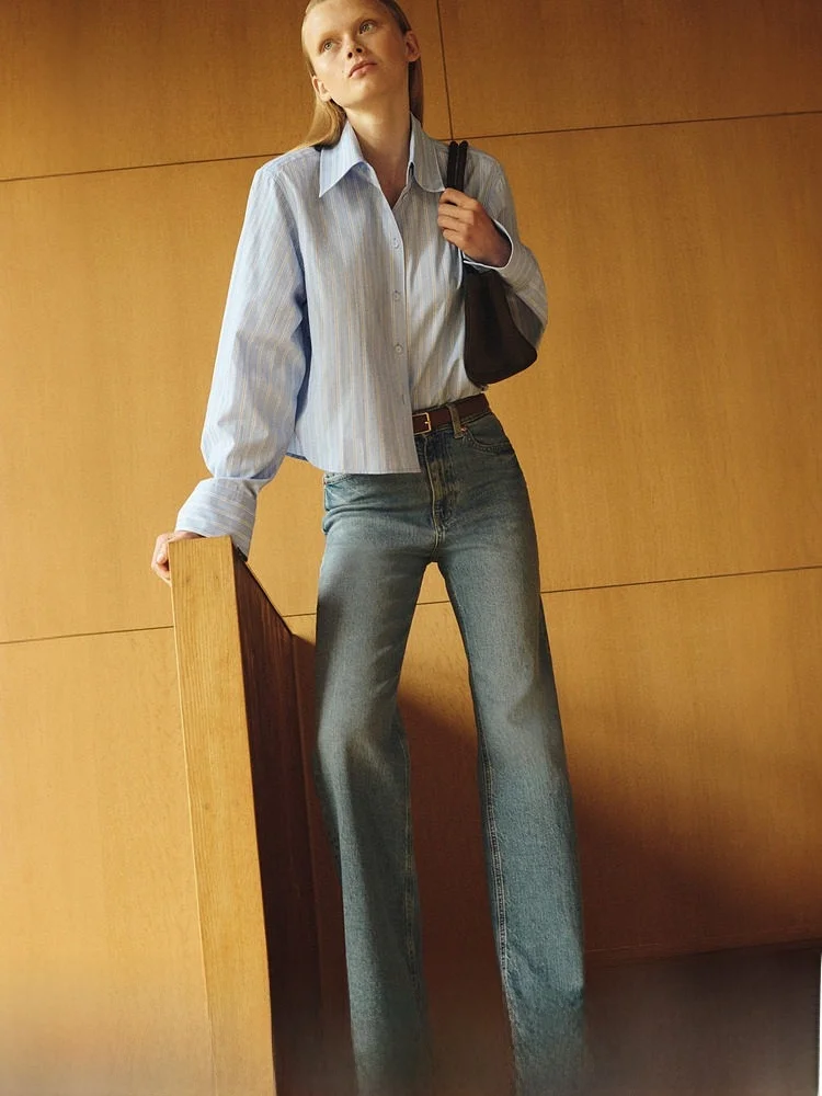 

Casual Striped Women's Shirt Loose Fit Fashionable Summer Top H&M Edition 1302270 Polyester Cotton Blend Long Sleeve Button C...