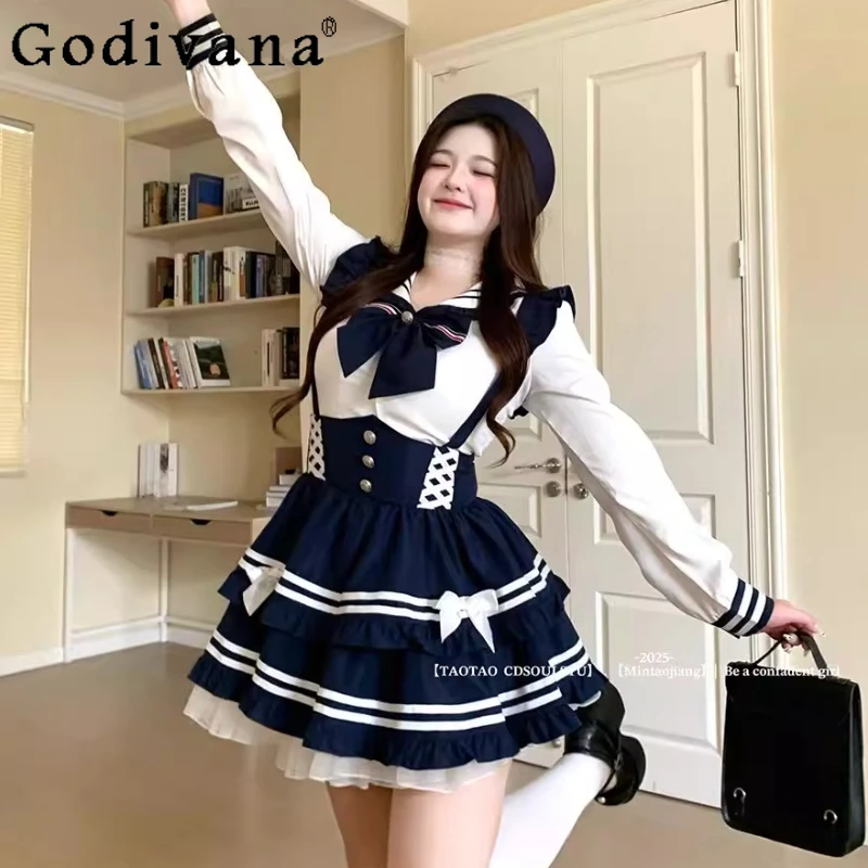 

Plus Size Japanese Sweet Navy Loose Long Sleeve Age-reducing Bow Shirt Cute Girl High Waist A-line Blue Fashion Strap Skirt Sets