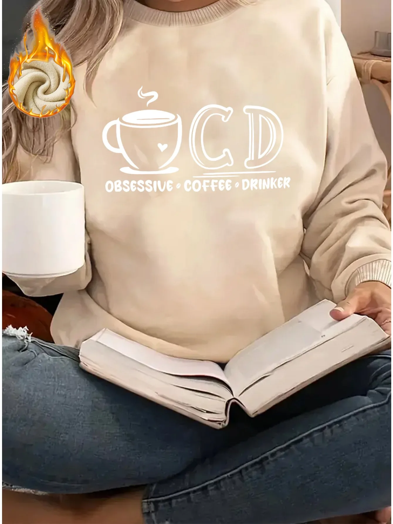 Women's Casual Thickened Velvet Sweaters with Coffee Obsessed Print for Daily Use