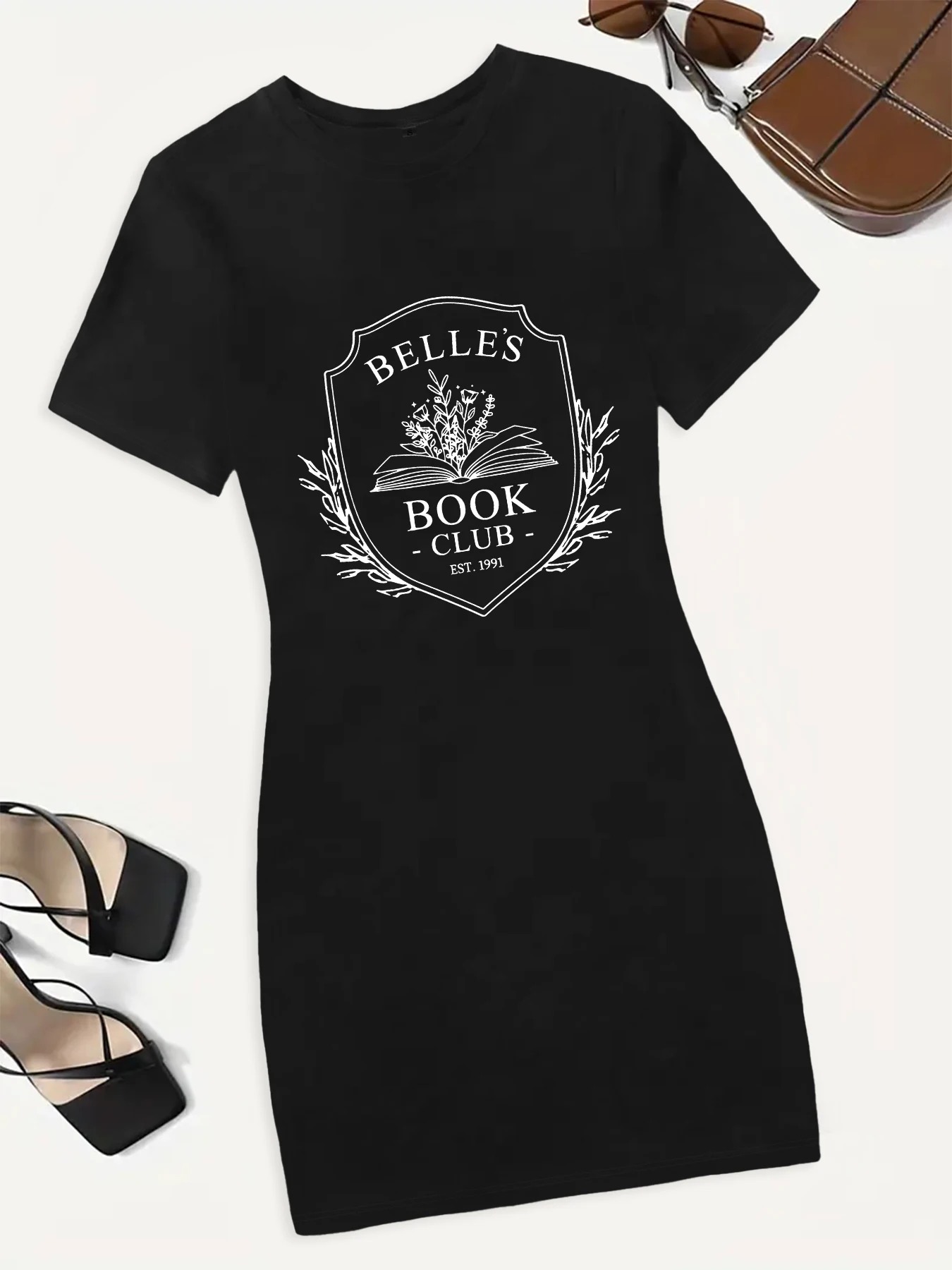 Book Club Simply Print Short Dress Women Short Sleeve O neck Sports Dress Preppy Style for School Daily