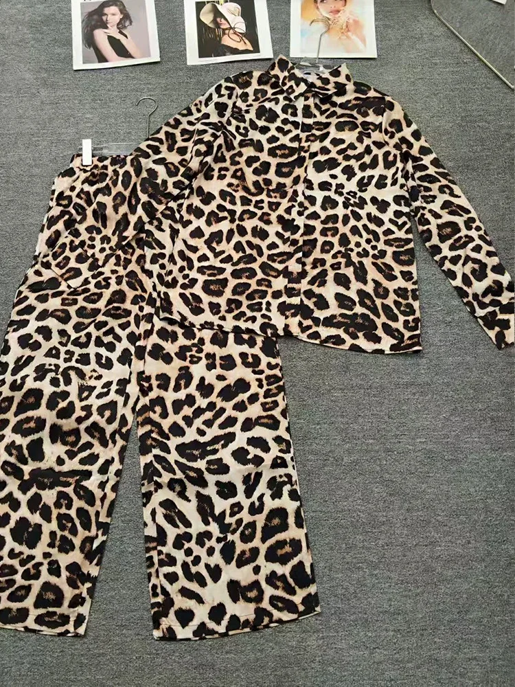 

Осень 202, женская прямая рубашка с леопардовым принтом в стиле ретро, комплект из двух предметов + свободные широкие брюки с эластичной резинкой на талии, модный комплект
