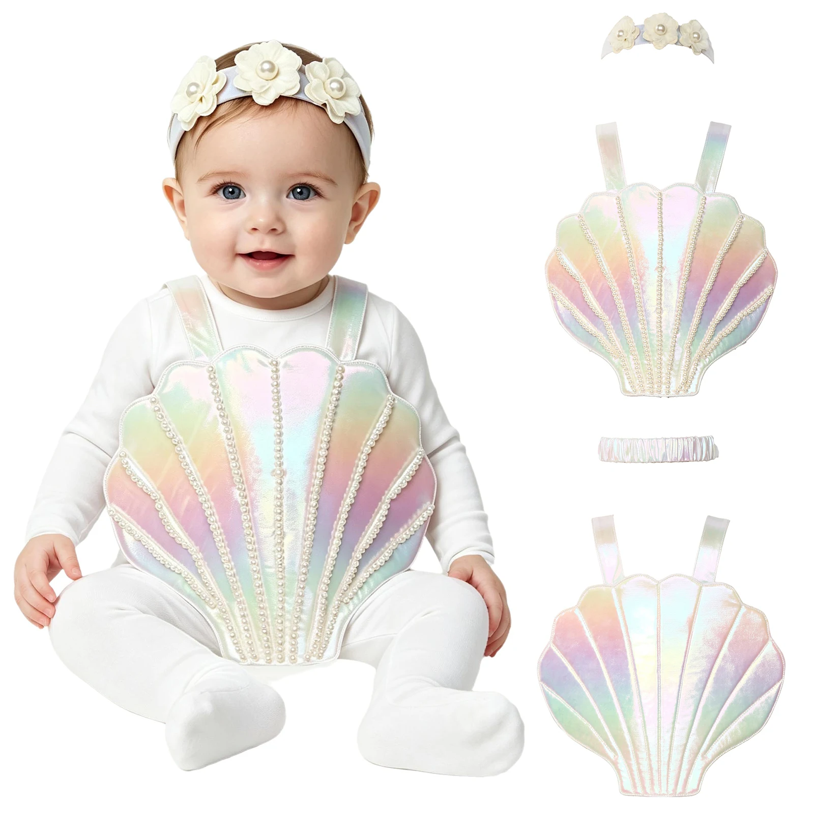 Baby Toddlers Girls Shiny Pearl Decor Seashell-shaped Costume with Faux Flower Headband Outfits for Party Photography Dress-up