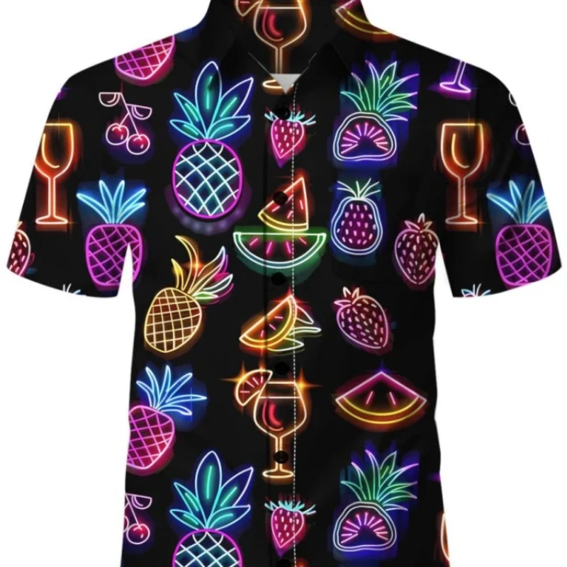 Men\'s Street Beach Casual Suit Hawaiian Tropical Fruit Printed Button Down Collar Shirt Comfortable Drawstring Shorts Set