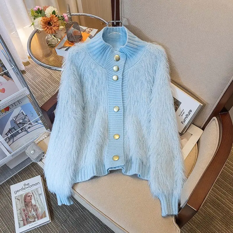 Women\'s Imitation Mink Soft Cardigan, Korean Fashion, Long Sleeve, V-neck, Short Tops, Loose Casual Knitted Sweater, Autumn