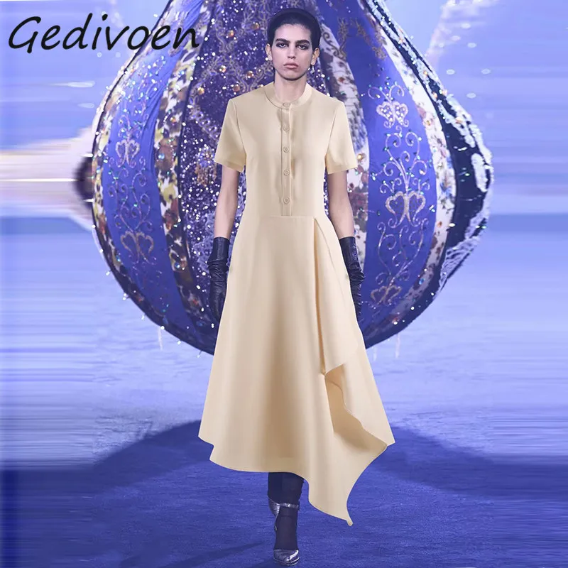 

Gedivoen Summer Fashion Designer Vintage Party Beige Dress Women's O-Neck Single Breasted Regular Waist Irregularity Long Dress